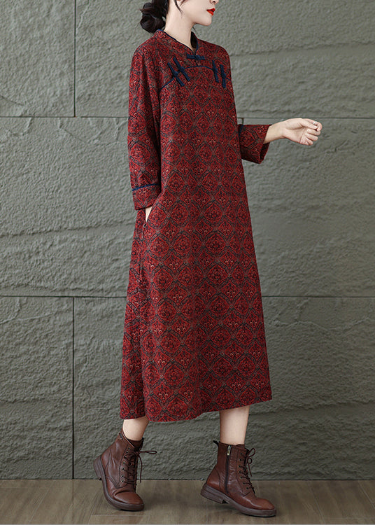 Vintage Red Stand Collar Print Oriental Button Cotton Dress Fall RU039