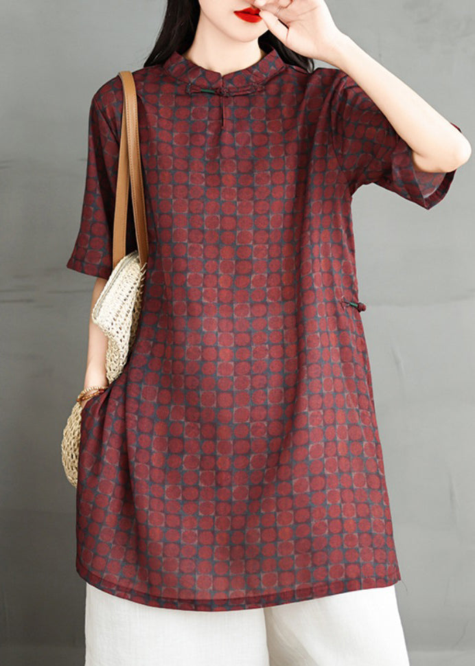 Vintage Red Stand Collar Print Side Open Cotton Dress Summer RU020