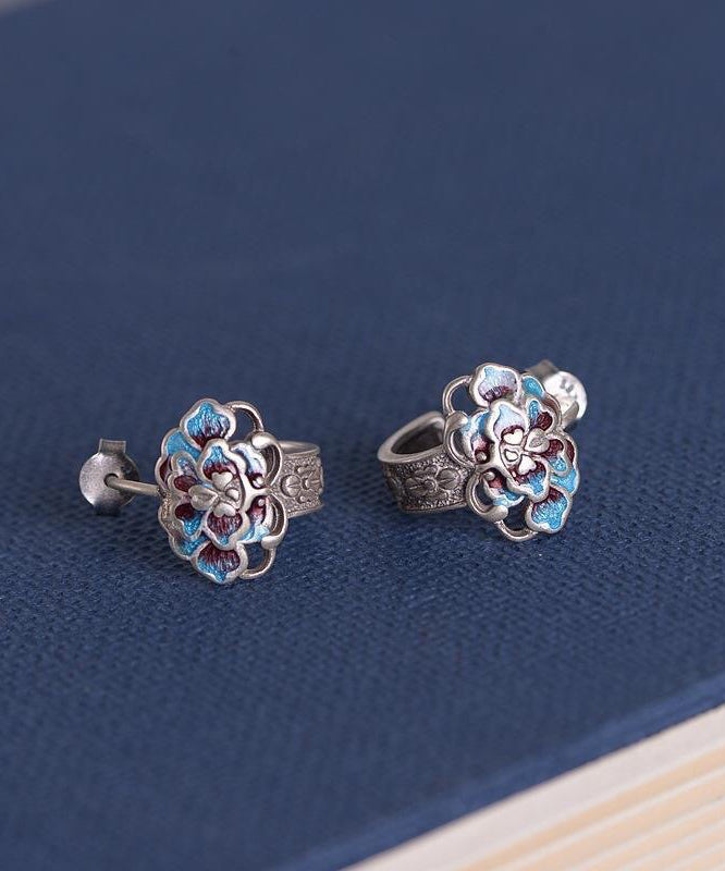 Vintage Silk Sterling Silver Cloisonne Peony Flower Stud Earrings TX009