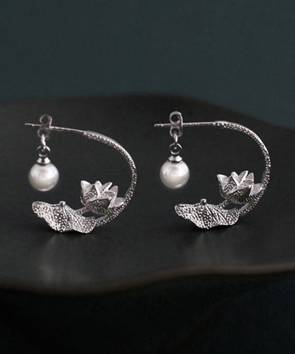 Boucles d'oreilles créoles vintage en argent sterling et soie avec perles et lotus QQ018