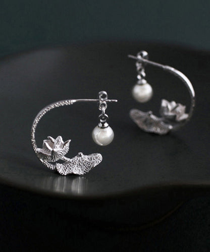 Boucles d'oreilles créoles vintage en argent sterling et soie avec perles et lotus QQ018