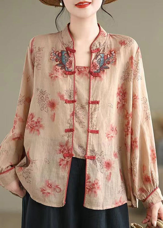 Chemise boutonnée à imprimé vintage à col montant Automne AP017