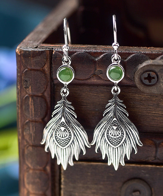 Boucles d'oreilles pendantes en argent sterling et jade vintage PO073