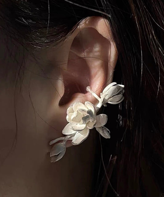 Boucles d'oreilles à tige vintage en argent sterling blanc avec fleur de jasmin blanche brûlée QQ070