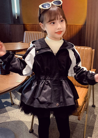 Vogue Black Tulle Wrinkled Patchwork Girls Hoodie Coat Fall QV029