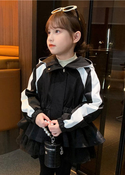 Vogue Black Tulle Wrinkled Patchwork Girls Hoodie Coat Fall QV029