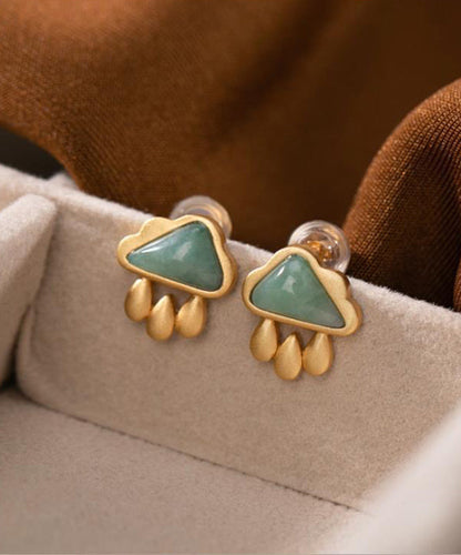 Vogue Green Sterling Silver Overgild Jade Cloud Water Drop Stud Earrings TX041