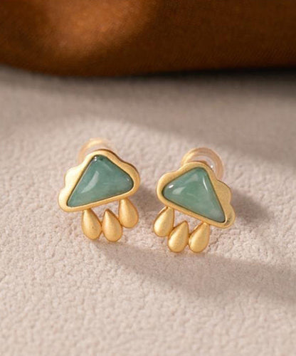 Vogue Green Sterling Silver Overgild Jade Cloud Water Drop Stud Earrings TX041