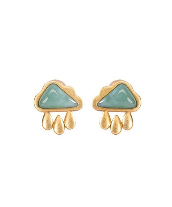 Vogue Green Sterling Silver Overgild Jade Cloud Water Drop Stud Earrings TX041