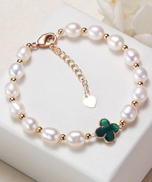 Vogue Green Sterling Silver Overgild Zircon Pearl Four Leaf Clover Charm Bracelet YA052