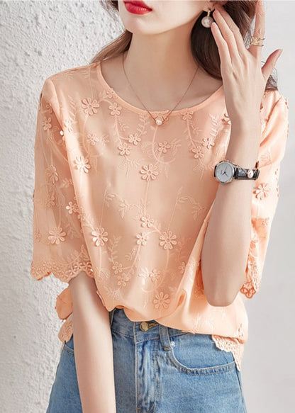 Vogue O-Neck Embroidered Chiffon Shirt Short Sleeve WW012