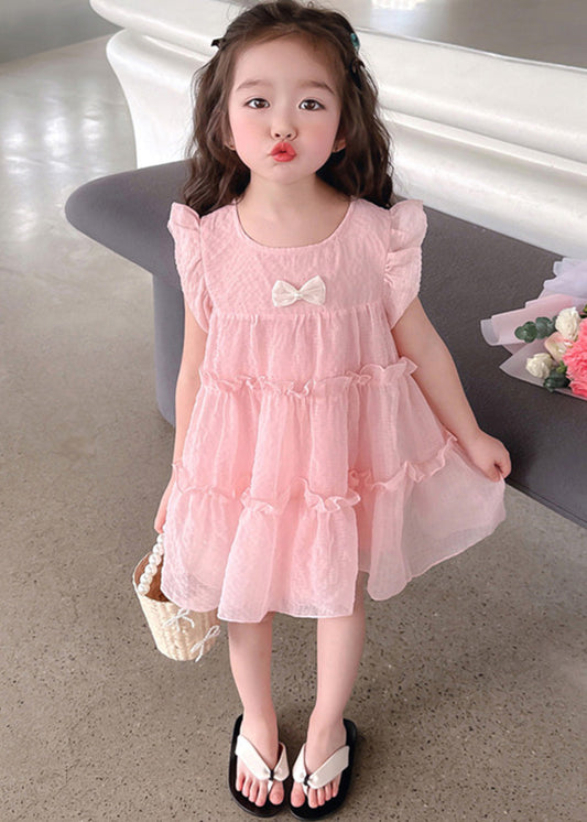 Vogue Pink Ruffled Patchwork Tulle Kids Mid Dress Summer GF007