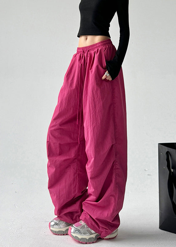 Vogue Red Pockets Tie Waist Solid Warm Fleece Straight Pants Spring TA063