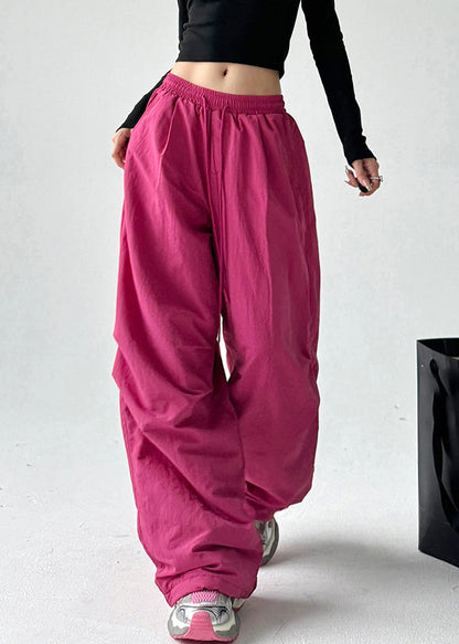 Vogue Red Pockets Tie Waist Solid Warm Fleece Straight Pants Spring TA063