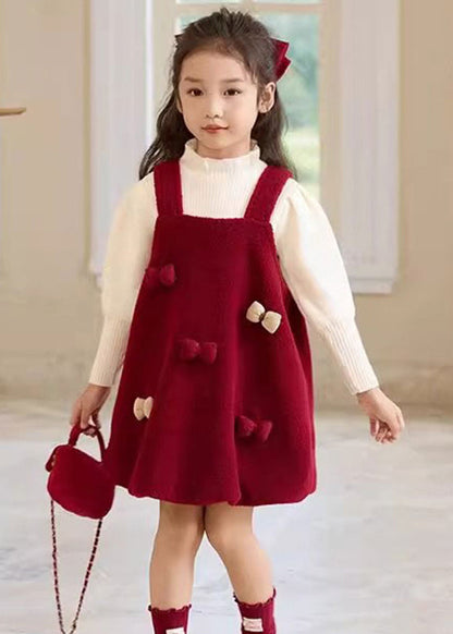 Vogue Red Slash Neck Silk Velour Kids Long Spaghetti Strap Dress Spring TG004