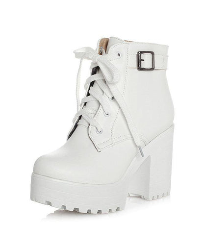 White Boots Cross Strap Chunky Boots RD024