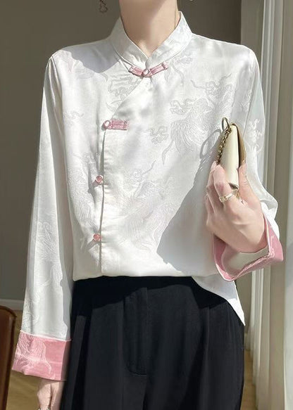 White Button Silk Shirts Stand Collar Long Sleeve AB1037