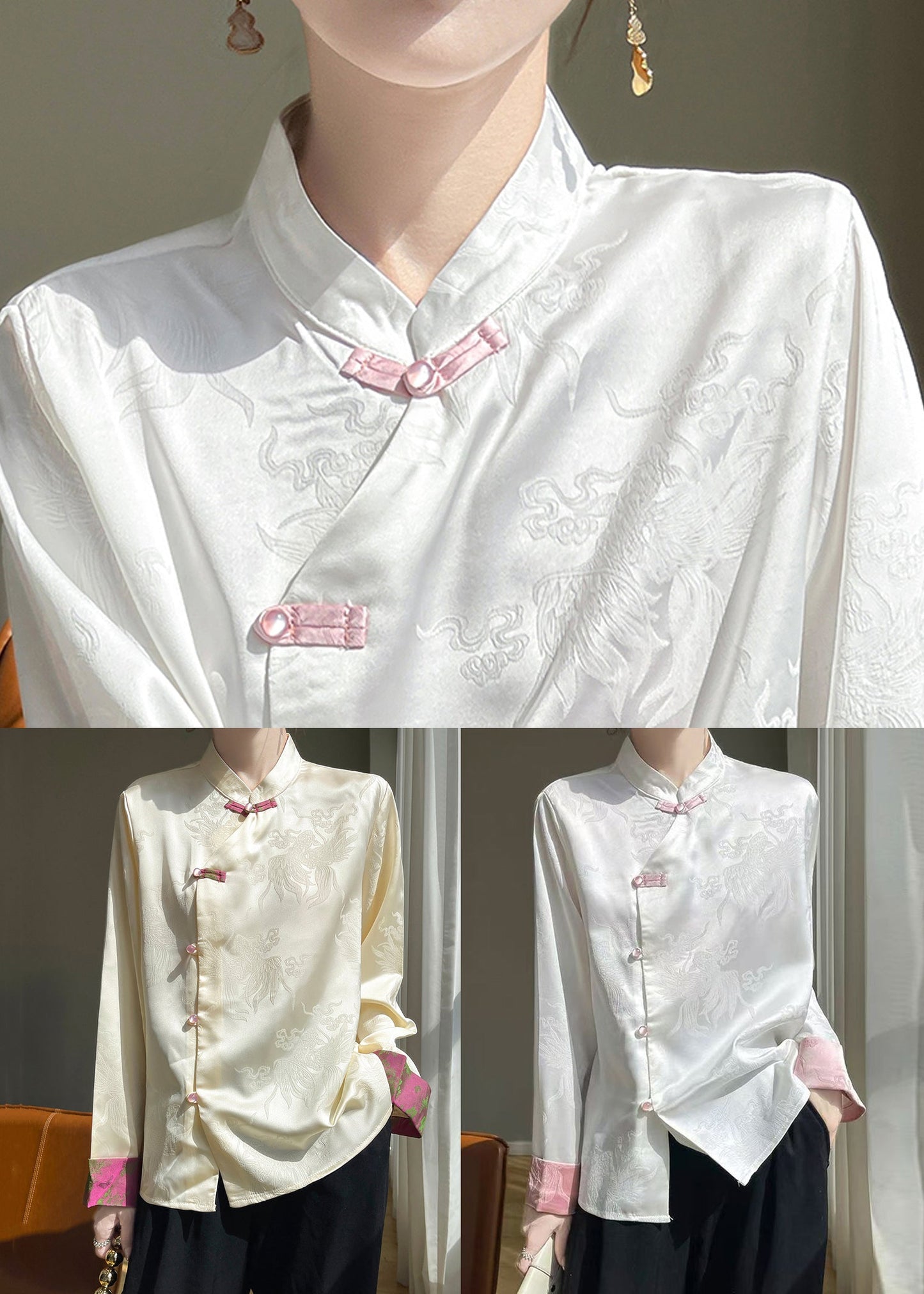 White Button Silk Shirts Stand Collar Long Sleeve AB1037