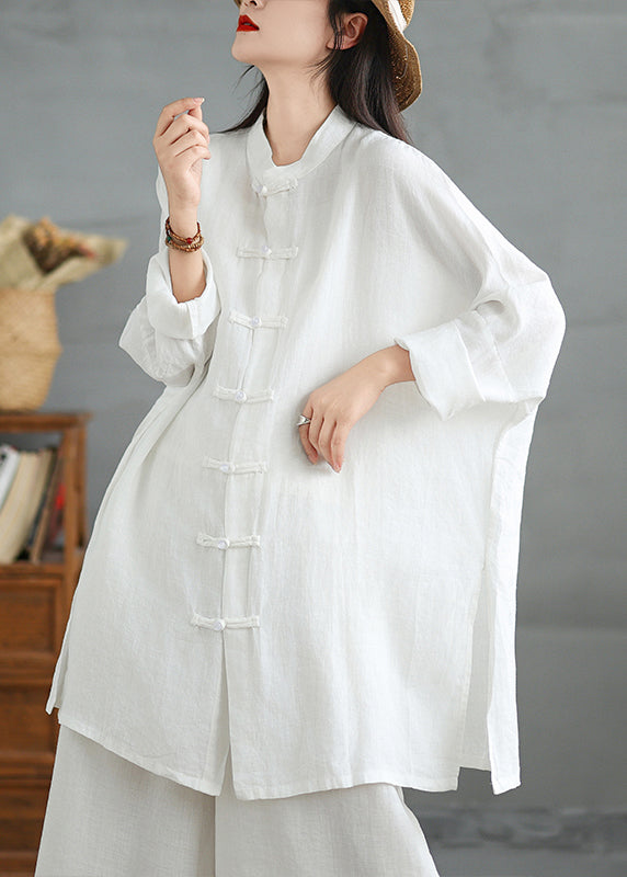 White Cotton Shirt Top Stand Collar Chinese Button Spring TJ033