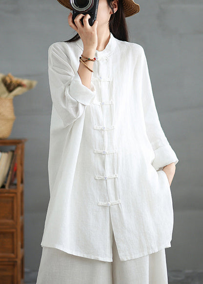 White Cotton Shirt Top Stand Collar Chinese Button Spring TJ033