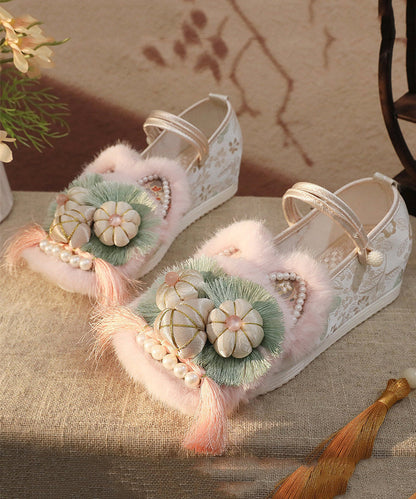 White Fur Splicing Embroidery Wedge High Wedge Heels Shoes TQ063