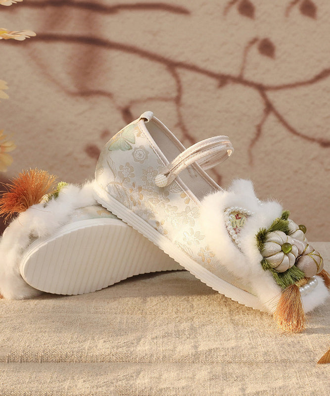 White Fur Splicing Embroidery Wedge High Wedge Heels Shoes TQ063