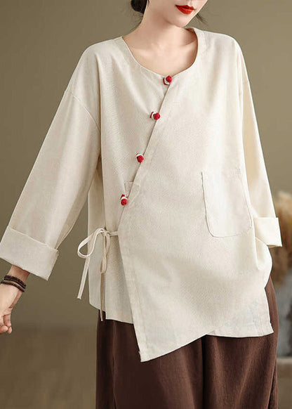 White Linen Shirt Top Oversized Lace Up Spring TJ022