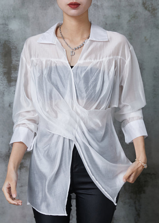 Chemise en lin blanc Tops asymétriques ouverts sur le côté été AL1020