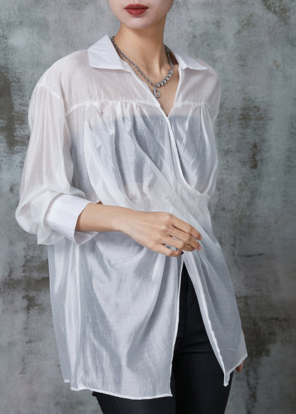 White Linen Shirt Tops Asymmetrical Side Open Summer AL1020