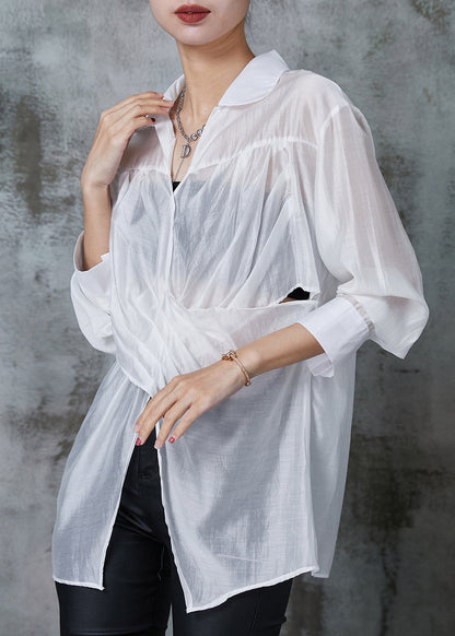 White Linen Shirt Tops Asymmetrical Side Open Summer AL1020