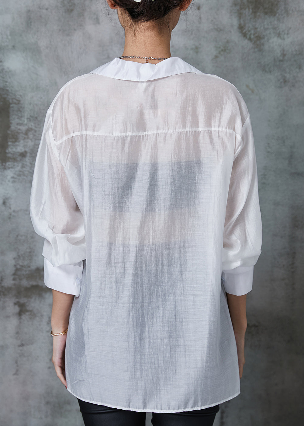 White Linen Shirt Tops Asymmetrical Side Open Summer AL1020