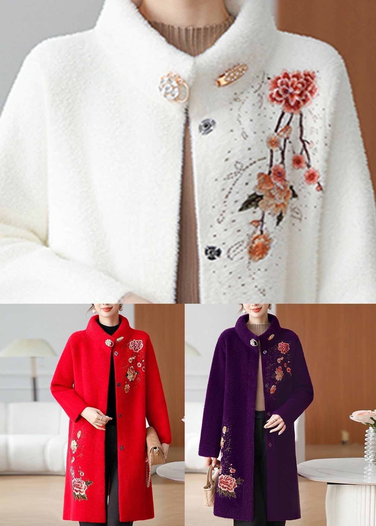 White Maxi Mink Velvet Coats Patchwork Button Spring TA033