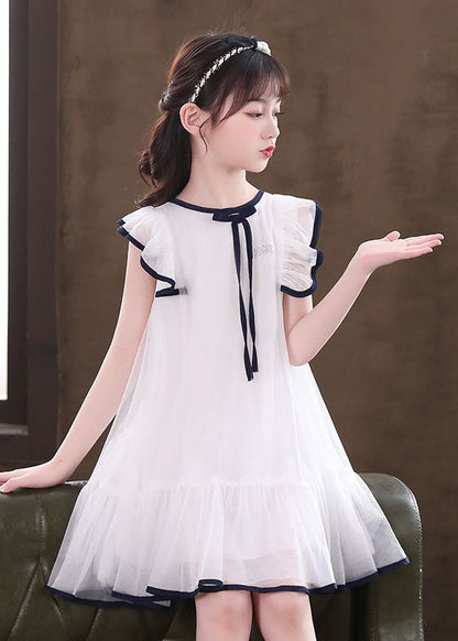 Robe mi-longue blanche en tulle à col rond et nœud pour filles, sans manches, EW033