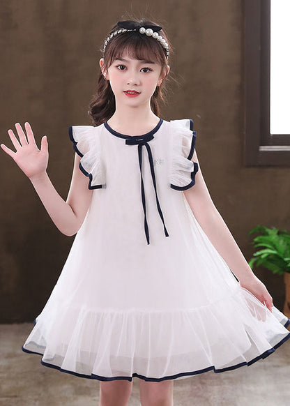 White O-Neck Bow Tulle Girls Mid Dresses Sleeveless EW033