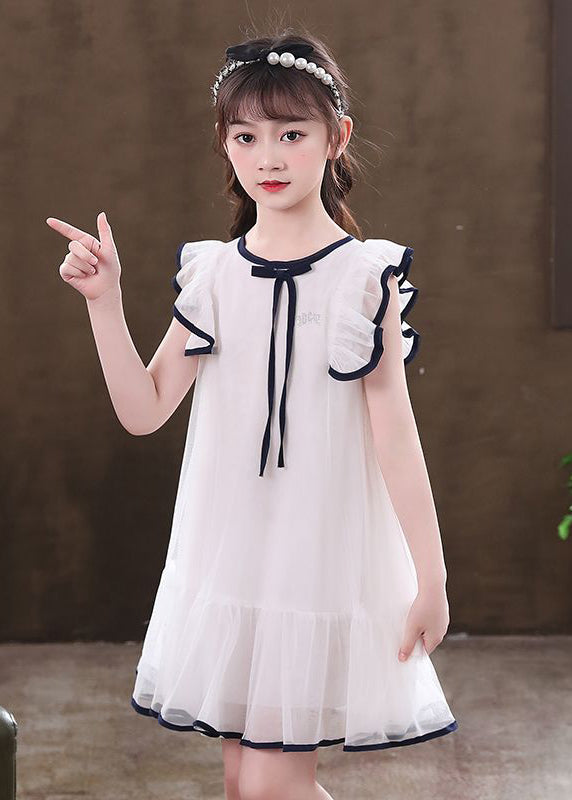 White O-Neck Bow Tulle Girls Mid Dresses Sleeveless EW033