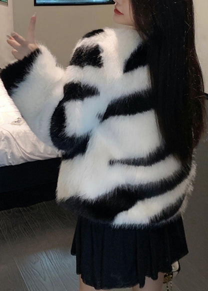 White Original Design Fuzzy Fur Fluffy Coats V Neck Winter RH035