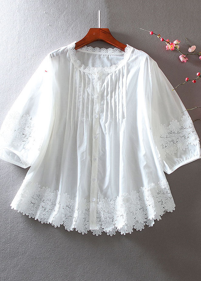 White Patchwork Lace Cotton Shirt Wrinkled Summer YY009