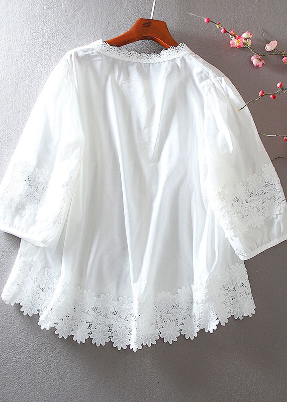 White Patchwork Lace Cotton Shirt Wrinkled Summer YY009