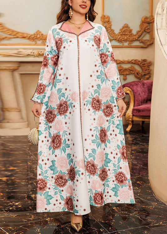 Robe longue blanche à imprimé patchwork et ouverture latérale QL012