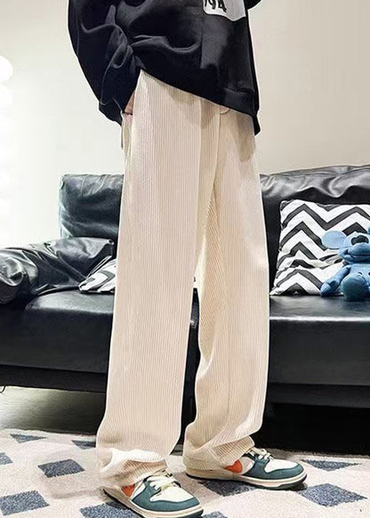 White Solid Loose Warm Fleece Corduroy Men Pants Elastic Waist Spring RM045