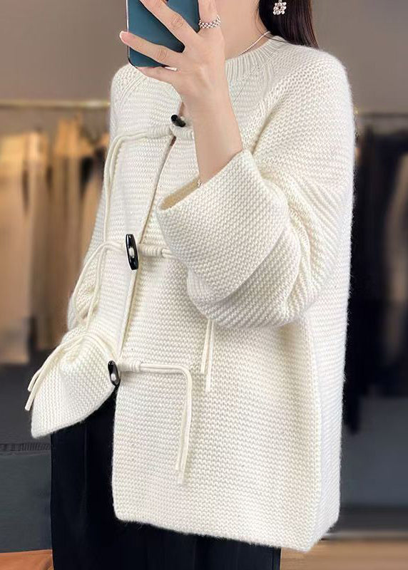 Manteau en tricot de laine blanc uni à col rond et manches longues AB1029