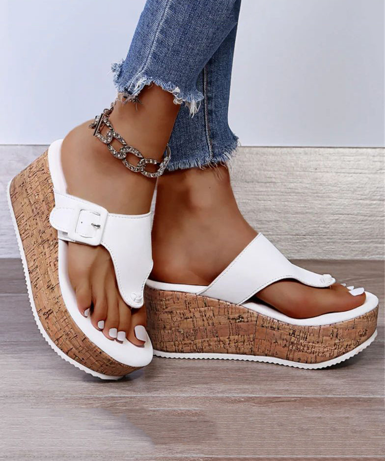 Weiße Keilabsatz-Boho-Spleißen-Flip-Flops Slide-Sandalen UU007