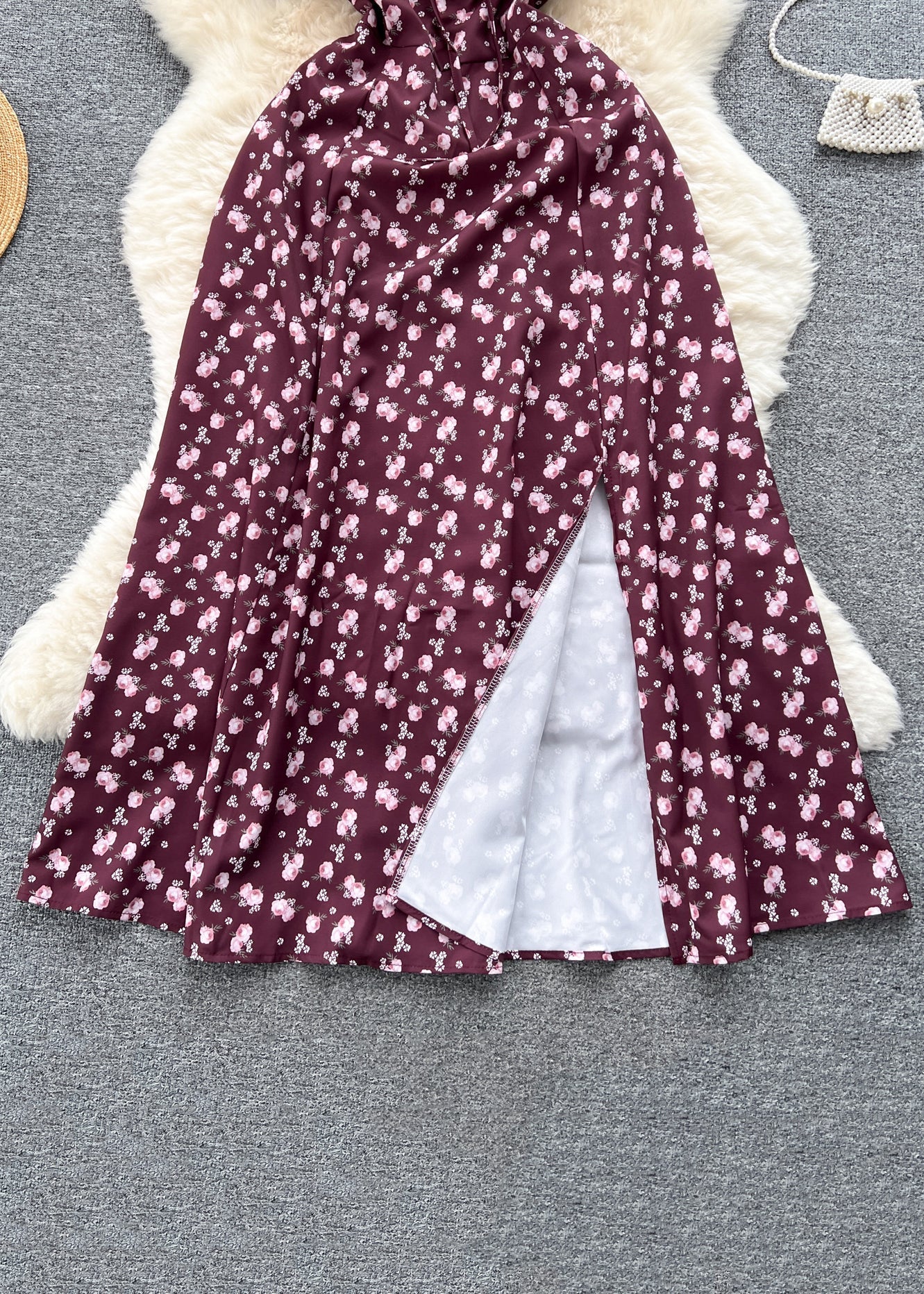 Wine Red Print Cotton Long Dresses Square Collar Short Sleeve TR029