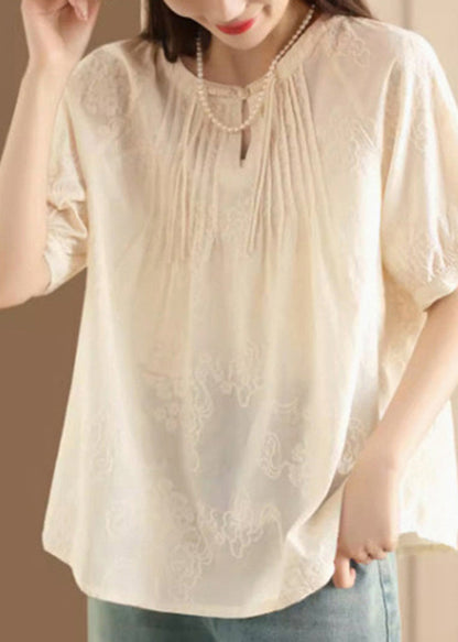 Women Apricot Embroidered Puff Sleeve Cotton Blouse Top UU050