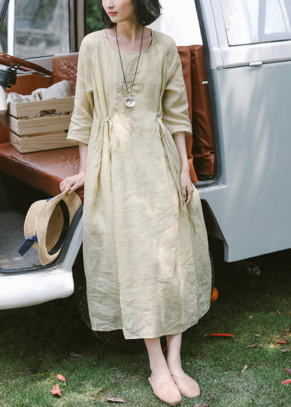 Women Apricot Embroidered Tie Waist Linen Dress Summer TM025