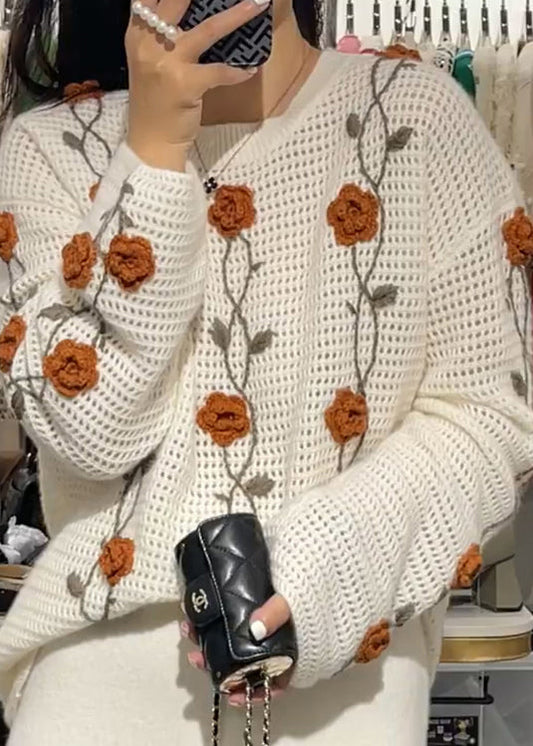 Women Apricot O Neck Floral Knit Sweaters Fall WE026