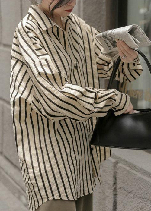 Women Apricot Striped Button Patchwork Cotton Blouse Fall TU030