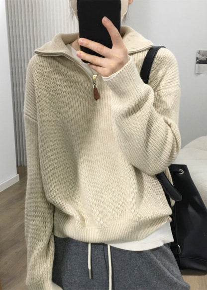 Women Apricot Zip Up Patchwork Cozy Knit Sweaters Long Sleeve TU002