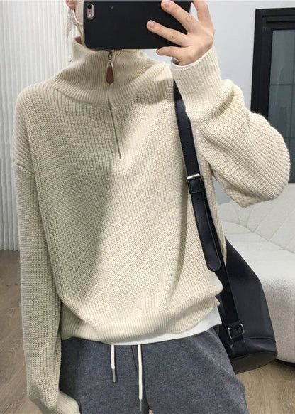 Women Apricot Zip Up Patchwork Cozy Knit Sweaters Long Sleeve TU002