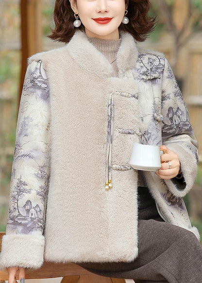 Women Beige Button Patchwork Mink Velvet Coats Winter RZ028